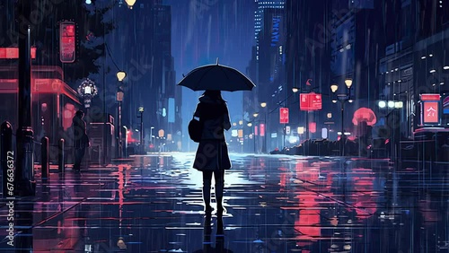 Seamless loop animation. people, Cameraman/Camerawoman. Standing Rainy Night City Holding Umbrella. Lofi illustration. Tokyo high tech city lights. Created using Generative AI Technology photo