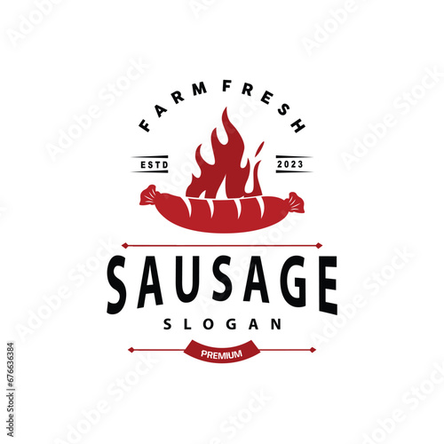 Sausage Logo, Sausage Food Grill Vector, Simple Retro Vintage Design Restaurant Inspiration