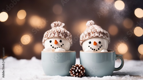 Snowman in a cup of hot chocolate drink, christmas food art