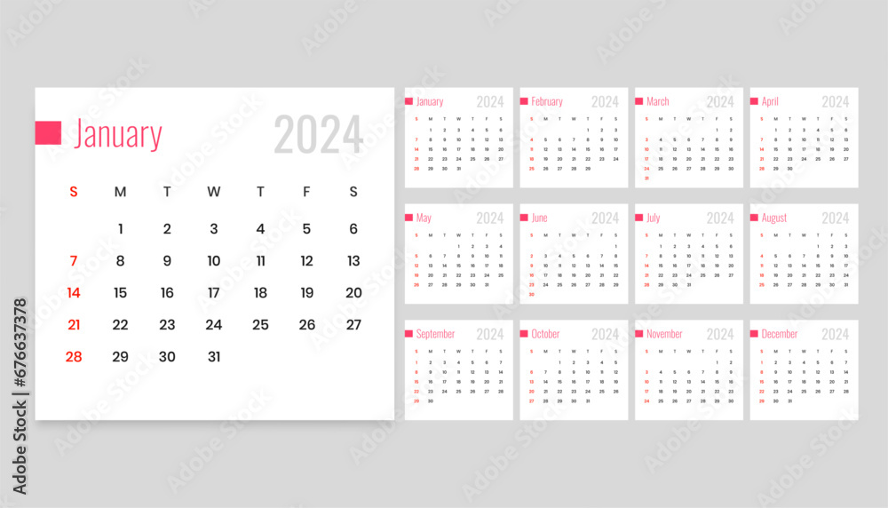 minimal style 2024 new year calendar template for office stationery