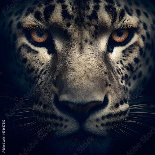 A leopard with a black background. Its eyes and whiskers stand out. Its fur is spotted. An image of a wild and powerful animal.