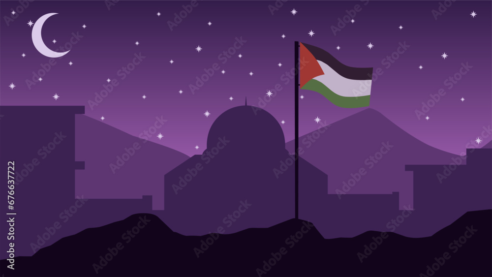 Palestine landscape vector illustration. Silhouette of al aqsa mosque at night with palestine flag. Landscape illustration of palestine for background or wallpaper