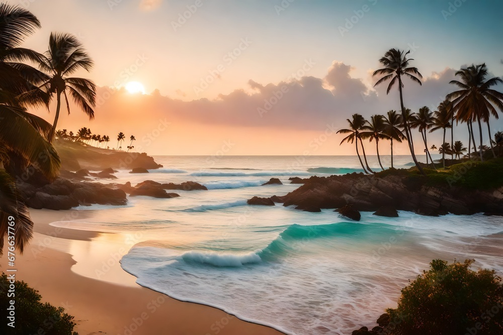 Flyer background footage presenting a serene coastline, gentle waves kissing the shore, palm trees swaying in a soft breeze against a pastel-colored sunset, invoking a tranquil and peaceful seaside am