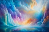 Celestial clouds cascading like waterfalls, their edges shimmering with iridescent colors, creating an otherworldly, serene environment, where the clouds seem to dance with a surreal elegance