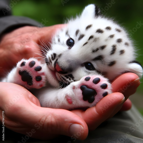 A baby snow leopard cuddles in the hands of a caretaker in a natural setting. This image shows the beauty and the fragility of this endangered species, and is ideal for projects related to conservatio