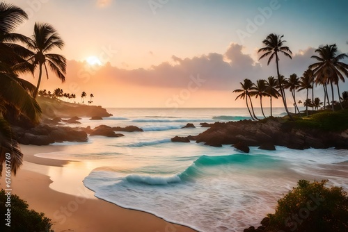 Flyer background footage presenting a serene coastline, gentle waves kissing the shore, palm trees swaying in a soft breeze against a pastel-colored sunset, invoking a tranquil and peaceful seaside am