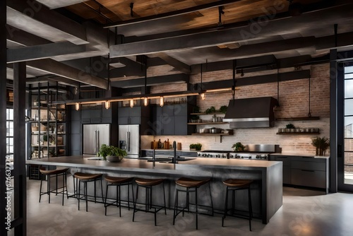 Interior design portfolio snapshots of an industrial-style kitchen, metal accents, beams, and concrete walls, creating an urban