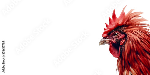 Close-up macro shot of cockfighting, native chicken on white background, For art texture, presentation design or web design and web background. Generative ai