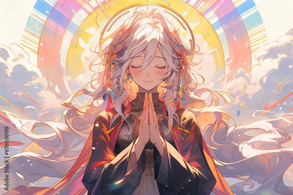 beautiful buddhist nun with white hairs, anime style, illustration