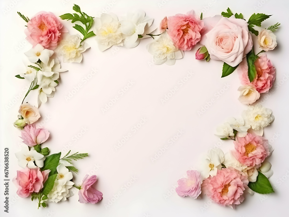 Ai generated floral frame with nice presentation of flower, flower frame background, blank floral frame with space of texts, wedding or event invitation card with blank text area