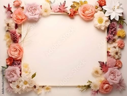 Ai generated floral frame with nice presentation of flower, flower frame background, blank floral frame with space of texts, wedding or event invitation card with blank text area © Akilmazumder
