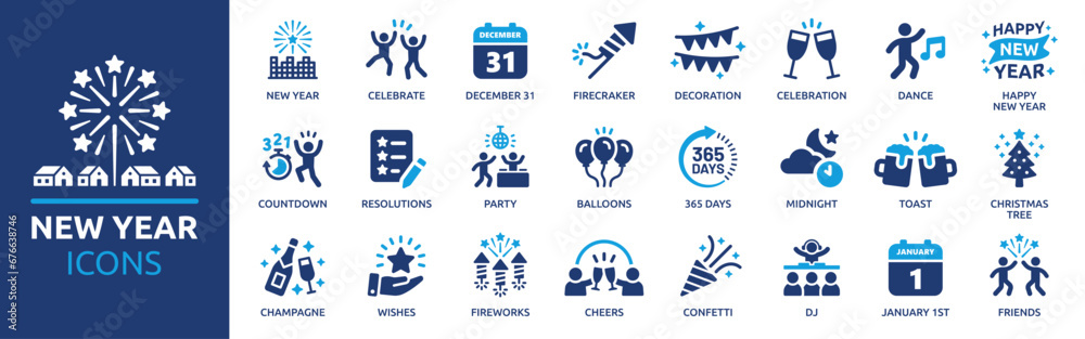 New year icon set. Containing fireworks, celebration, party, dance ...