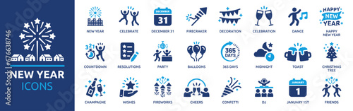 New year icon set. Containing fireworks, celebration, party, dance, resolutions, countdown, January 1st, wishes and more. Vector solid icons collection.
