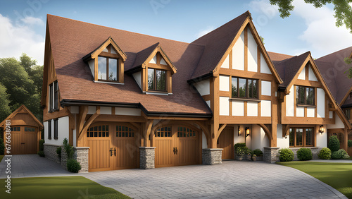 Tudor style family house exterior with gable roof and timber framing. Wooden garage doors in home cottage © AI ARTS