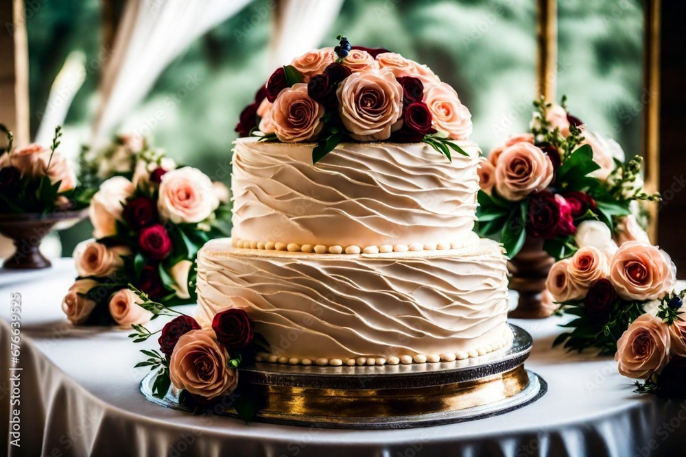 Baked Wedding Cake with Rose Decoration and Flowering Plant - obrazy, fototapety, plakaty 