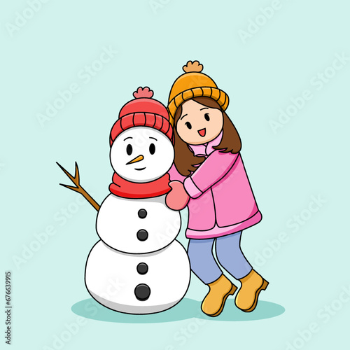 Cute Girl Hugging Snowman Illustration