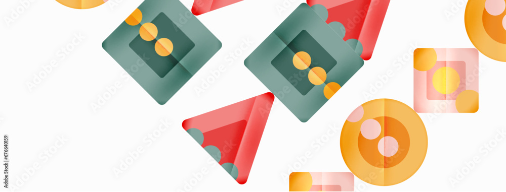 Fototapeta premium Trendy minimal geometric abstract background. Triangles, squares and circles bright colors backdrop. Vector Illustration For Wallpaper, Banner, Background, Card, Book Illustration, landing page