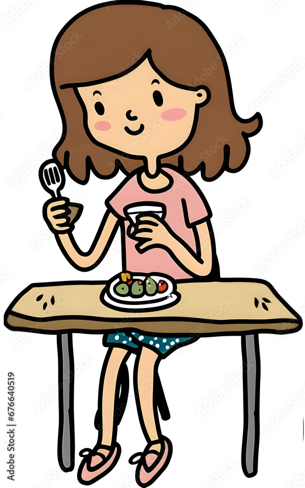 Vector illustration character design happy woman eating lunch..Draw doodle cartoon style Vector illustration character design happy woman eating lunch..Draw doodle cartoon style