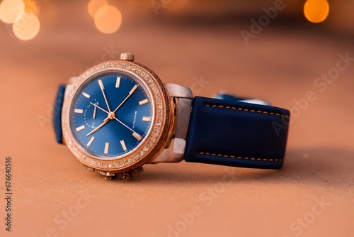 Blue leather watch with gold, dimond ,vintage stile wrist watch, men leather watch. Generative AI