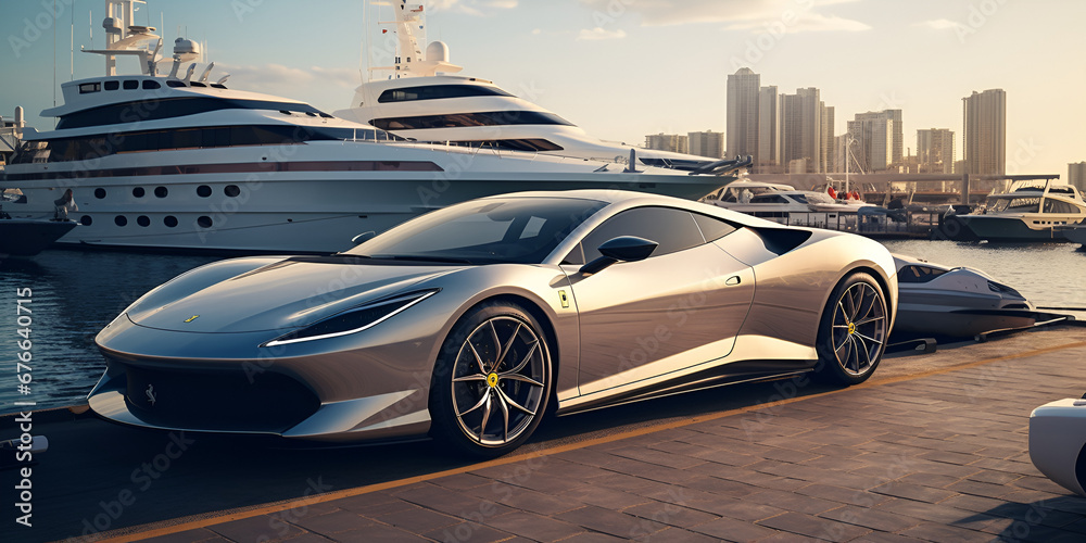 A very beautiful stylish silver car on the edge of sea and large white ships on the sea with buildings on the background Seaside Sophistication with Silver Vehicle Ai Generative