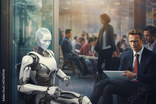 Smart AI robot took workplace. Unemployment. Job loss from artificial intelligence technology. Work problem with robot competition in human occupations.