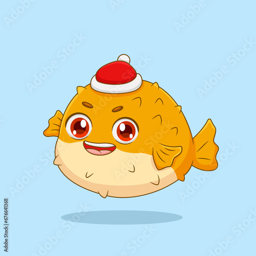 Cute Puffer fish Wearing a Christmas Hat Illustration