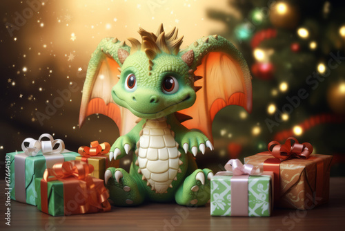 Dragon character with big gift box, present for New Year with green and golden colors. For your design, print on postcard