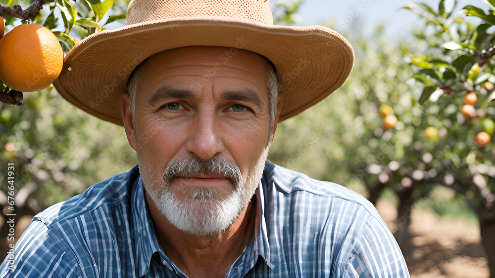 Farmer with wide brim hat face closeup