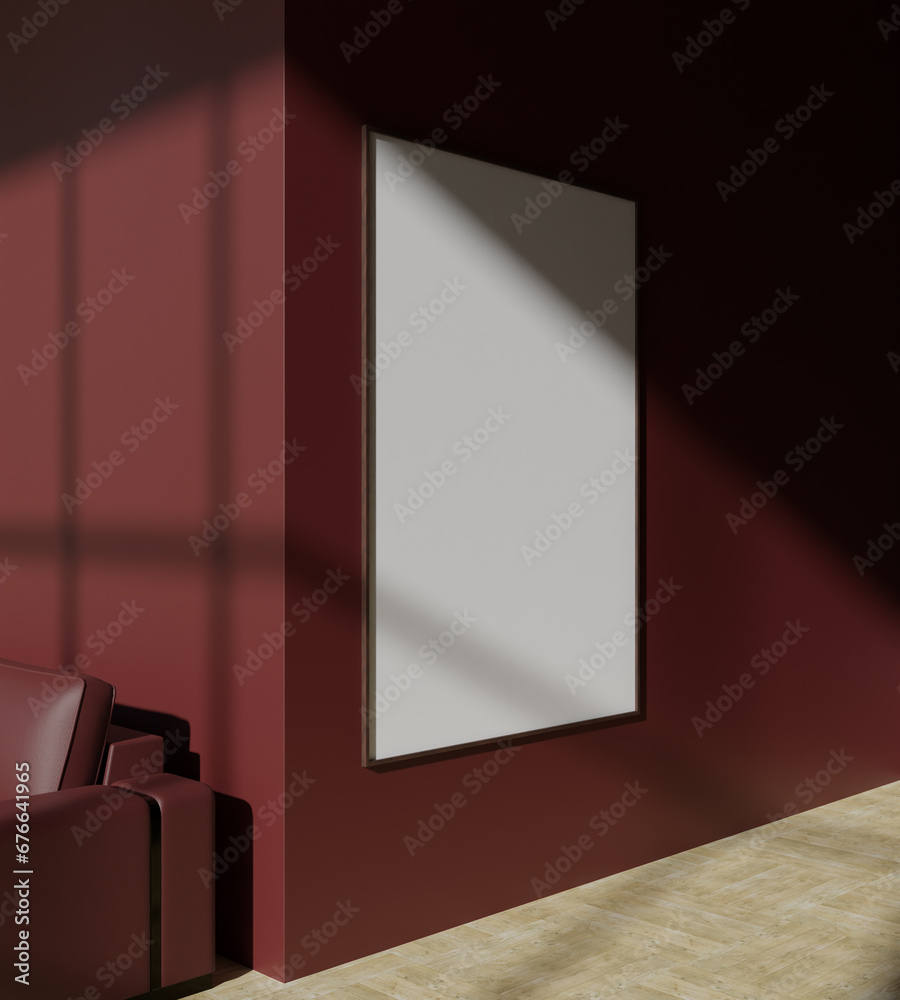 a big wooden frame mockup poster hanging on the red wall interior with maroon sofa a big wooden frame mockup poster hanging on the red wall interior with maroon sofa