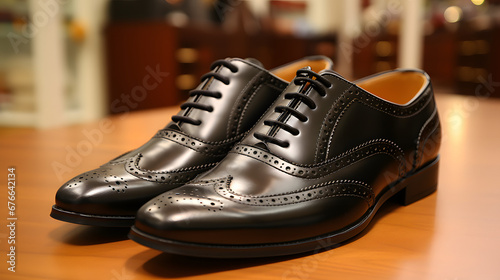black Oxfords shoes isolated on wooden table 