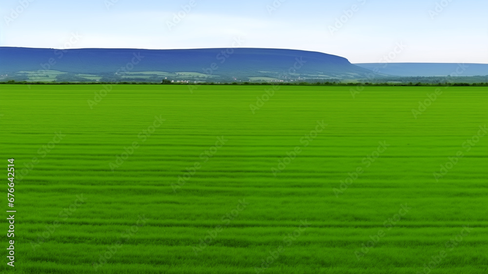 Fototapeta premium Landscape view of reen grass field Infront of the mountain and sky on background