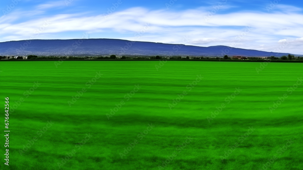 Fototapeta premium Landscape view of reen grass field Infront of the mountain and sky on background