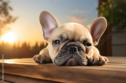 a cute french bulldog is laying on a  wooden deck   with a sun behind it © Lin_Studio