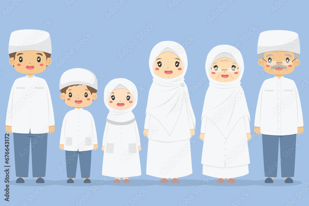 Happy Muslim family in white clothes, standing together. Muslim family cartoon characters vector. Happy Muslim family in white clothes, standing together. Muslim family cartoon characters vector.
