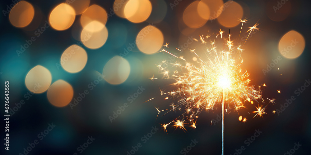 Burning Sparkler Fireworks with Golden Lights on Bokeh Background, New Year or Birthday Celebration Night Party Concept with Copy Space for Banner or Poster - obrazy, fototapety, plakaty 