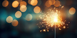 Burning Sparkler Fireworks with Golden Lights on Bokeh Background, New Year or Birthday Celebration Night Party Concept with Copy Space for Banner or Poster