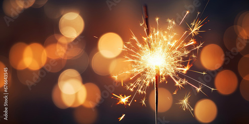 Burning Sparkler Fireworks with Golden Lights on Bokeh Background, New Year or Birthday Celebration Night Party Concept with Copy Space for Banner or Poster photo