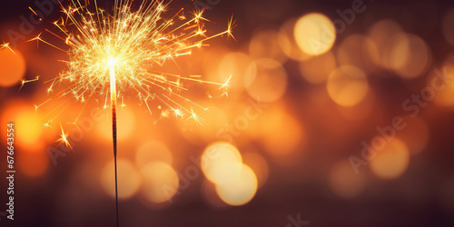 Burning Sparkler Fireworks with Golden Lights on Bokeh Background  New Year or Birthday Celebration Night Party Concept with Copy Space for Banner or Poster