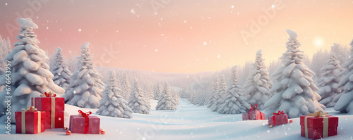 Wonderland Winter Village: Landscape with Pine Trees, Christmas Decorations, Gift Boxes, Red Balls, and Garlands. Christmas Trees Adorned with Red Garlands in a Snowy Forest at Sunrise © RBGallery
