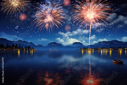 Fireworks Over the Lake with Bokeh Background  New Year and 4th of July Independence Day Celebration. Copy Space for Banner or Poster