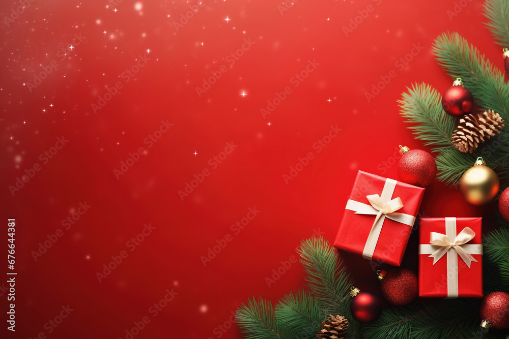Merry Christmas Banner with Red Gift Boxes and Green Tree Branches Decoration. Happy New Year Red Background with Copy Space for Text, Ideal for Banner, Poster, Invitations, or Postcards Merry Christmas Banner with Red Gift Boxes and Green Tree Branches Decoration. Happy New Year Red Background with Copy Space for Text, Ideal for Banner, Poster, Invitations, or Postcards