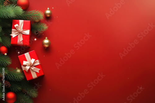 Merry Christmas Banner with Red Gift Boxes and Green Tree Branches Decoration. Happy New Year Red Background with Copy Space for Text, Ideal for Banner, Poster, Invitations, or Postcards