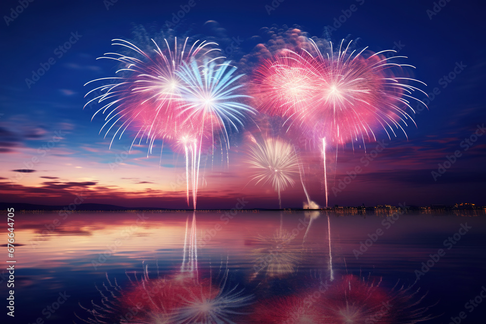 Spectacular Fireworks Display Reflecting in the Evening Sea. Happy New Year and 4th of July Independence Day Night Party Celebrations with Blue Sky Background