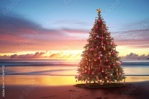 Tropical Christmas Celebration: Christmas Tree on the Beach Against the Evening Seascape. Celebrating Christmas and New Year on a Tropical Resort.