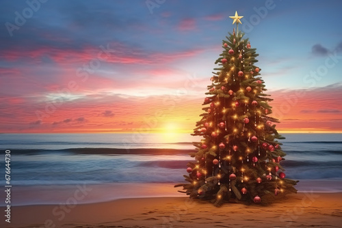 Tropical Christmas Celebration: Christmas Tree on the Beach Against the Evening Seascape. Celebrating Christmas and New Year on a Tropical Resort.