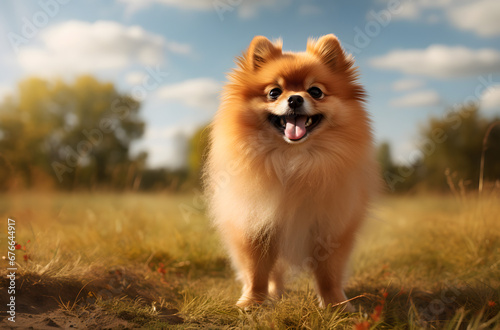 a cute smiling pomeranian dog on the grass in the park