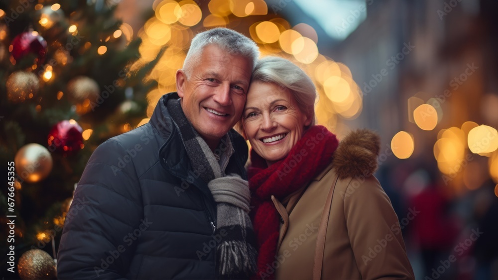 middle age couple in front of a Christmas tree middle age couple in front of a Christmas tree