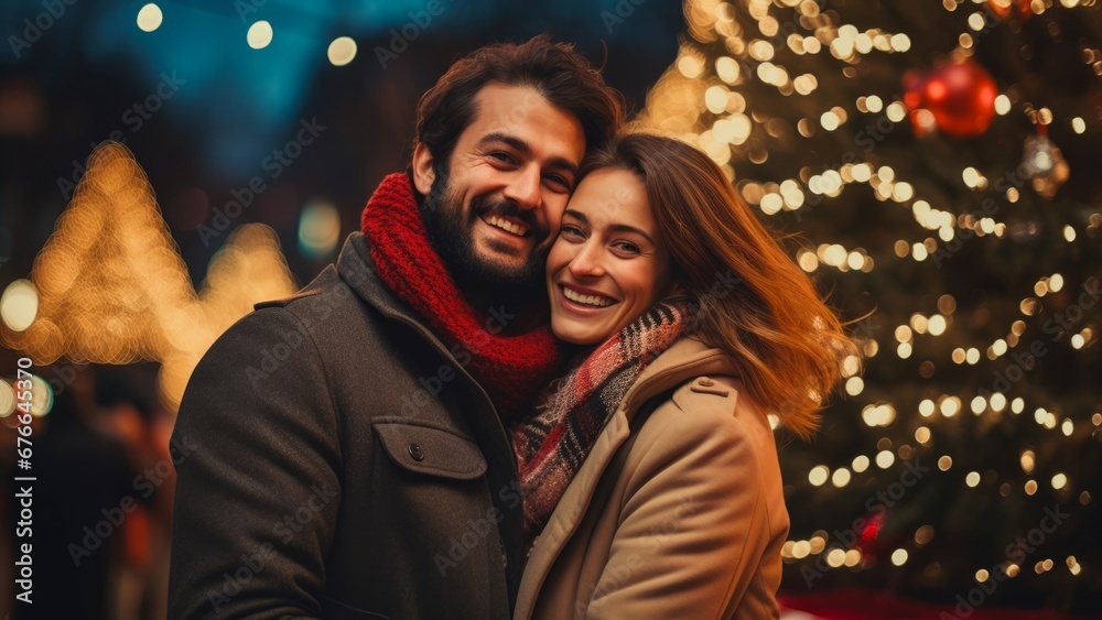young couple posing in front of Christmas tree