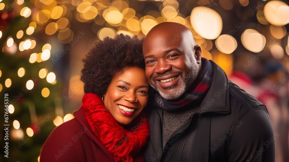 happy middle age couple in front of Christmas lights happy middle age couple in front of Christmas lights