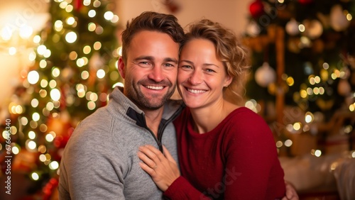 couple in front of a Christmas tree